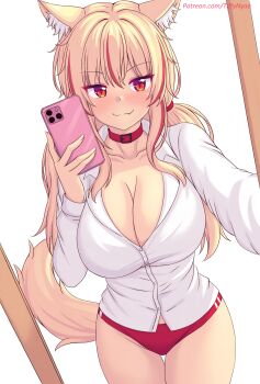 1girl :3 animal_ears blonde_hair blush breasts buruma cat_ears cat_girl cat_tail cellphone choker cleavage collarbone eyeshadow fang holding holding_phone large_breasts long_hair long_sleeves looking_at_viewer low_twintails makeup mirror mirror_selfie multicolored_hair nottytiffy original phone purple_eyeshadow red_buruma red_eyes red_hair reflection selfie shirt slit_pupils smartphone smile standing streaked_hair tail tiffy_(nottytiffy) twintails white_shirt