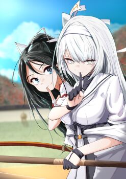 2girls absurdres black_gloves blue_sky bow_(weapon) cloud commentary_request day fuyutsuki_(kancolle) gloves green_eyes hair_ribbon hairband half_gloves highres holding holding_bow_(weapon) holding_weapon kantai_collection katsuragi_(kancolle) long_hair multiple_girls outdoors ponytail ribbon sailor_collar shawl shirt side_ponytail sky tastas upper_body weapon white_hair white_hairband white_sailor_collar white_shawl white_shirt