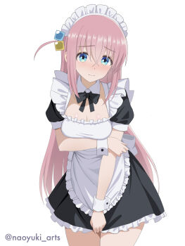 1girl absurdres apron black_dress blue_eyes blush bocchi_the_rock! breasts cleavage closed_mouth cube_hair_ornament dress gotoh_hitori hair_ornament highres long_hair looking_at_viewer maid maid_apron maid_headdress medium_breasts naoyuki_arts one_side_up pink_hair solo very_long_hair white_apron white_background