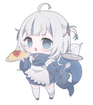 Rule 34 | 1girl, ahoge, apron, blue eyes, blue jacket, blue shoes, blue streaks, blunt bangs, blush, chestnut mouth, chibi, chibi only, commentary, cup, drinking glass, fish skeleton, full body, gawr gura, hair ornament, highres, hocmiya, holding, holding plate, holding spoon, hololive, hololive english, jacket, long sleeves, multicolored hair, open mouth, plate, shark hair ornament, shoes, short hair, simple background, sleeves past fingers, sleeves past wrists, solo, spoon, standing, streaked hair, thighhighs, track jacket, tray, two side up, untranslatable commentary, virtual youtuber, waist apron, water, white apron, white background, white hair, white thighhighs