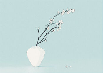 Rule 34 | absurdres, aqua background, branch, cherry blossoms, comiket 107, commentary request, flower, highres, invisible floor, mitsubachi (roundbee), no humans, original, plant, plant focus, shadow, simple background, still life, vase, white flower