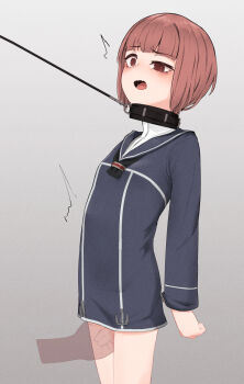 1girl arms_behind_back bdsm black_dress black_neckerchief black_sailor_collar bondage bound brown_eyes brown_hair collar commission cuffs dress flat_chest handcuffs highres kantai_collection large_variant_set leash loli neckerchief pixiv_commission red_hair sailor_collar sailor_dress short_hair simple_background slave solo tsuzuri_(tu-san_house) variant_set z3_max_schultz_(kancolle)