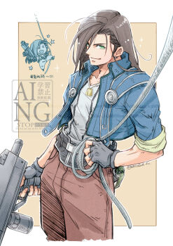 1boy 80850love_fu black_hair blue_jacket border brown_pants chibi cowboy_shot cropped_jacket dog_tags earrings final_fantasy final_fantasy_viii fingerless_gloves gloves green_eyes gun hair_between_eyes highres holding holding_gun holding_weapon jacket jewelry laguna_loire long_hair machine_gun male_focus pants rope shirt sleeves_rolled_up smile solo swinging_on_rope twintails weapon white_border white_shirt yellow_background