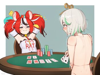 ace_(playing_card) animal_ears black_hair blue_eyes blush card casino_card_table cecilia_immergreen collar colored_inner_hair commentary doll_joints english_commentary gambling green_hair grey_hair hair_ornament hakos_baelz hakos_baelz_(1st_costume) highres hololive hololive_english joints mouse_ears mouse_girl mr._squeaks_(hakos_baelz) multicolored_hair multiple_girls nude playing_card poker poker_chip poker_table red_hair short_hair smile spiked_collar spikes streaked_hair strip_game strip_poker table thecosmicneo trembling twintails two-tone_hair virtual_youtuber white_hair winding_key
