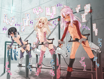 3girls ahegao anal bdsm black_hair bondage boots bound breasts chain chloe_von_einzbern clenched_teeth collar detached_sleeves fate/kaleid_liner_prisma_illya fate_(series) flat_chest forced_orgasm fumihiro gloves highres illyasviel_von_einzbern loli long_hair miyu_edelfelt multiple_girls nipples open_mouth pink_gloves pink_thighhighs ponytail purple_thighhighs pussy_juice red_eyes restrained ribbon sex_machine slave small_breasts spread_legs spreader_bar standing stationary_restraints stomach_bulge sweat teeth thighhighs toeless_legwear tongue translation_request twintails vaginal very_long_hair white_ribbon