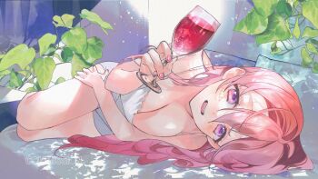 1girl alcohol banbanjiiiiiii breasts chemise cleavage commentary_request commission cup drinking_glass highres holding holding_cup large_breasts long_hair looking_at_viewer lying on_side open_mouth original pink_eyes pink_hair solo spaghetti_strap white_chemise wine wine_glass