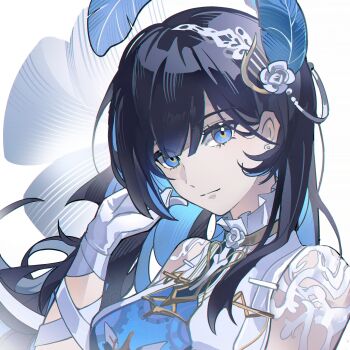 1girl absurdres adjusting_hair black_hair blue_eyes blue_hair chinese_commentary collar colored_inner_hair commentary dress feather_hair_ornament feathers floral_background flower frilled_collar frills from_side gloves glowing glowing_hair hair_behind_ear hair_between_eyes hair_ornament highres instrument_hair_ornament light_particles light_smile looking_at_viewer looking_to_the_side multicolored_hair neck_flower punishing:_gray_raven selena:_pianissimo_(pgr) selena_(pgr) sleeveless sleeveless_dress solo ting_zhi_yue upper_body white_background white_flower white_gloves