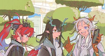 Rule 34 | 1boy, 2girls, alternate costume, arknights, bakori514 (h akka), black hair, brother and sister, colored skin, dragon boy, dragon girl, dragon horns, dusk (arknights), hair over one eye, highres, holding, holding phone, horns, multicolored hair, multiple girls, nian (arknights), phone, purple eyes, red eyes, red hair, siblings, sisters, streaked hair, white hair, yu (arknights)