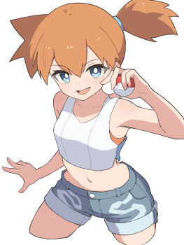 1girl :d bare_shoulders blue_eyes breasts bright_pupils collarbone crop_top cropped_legs denim denim_shorts hair_tie hand_up hiyoshipow holding holding_poke_ball looking_at_viewer midriff misty_(pokemon) navel nintendo open_mouth orange_hair poke_ball poke_ball_(basic) pokemon pokemon_lgpe ponytail shirt short_hair short_shorts shorts side_ponytail simple_background sleeveless smile solo teeth tongue upper_teeth_only white_background white_pupils white_shirt