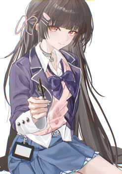 1girl absurdres black_hair blue_skirt bow bowtie chinese_commentary chisa_(wuthering_waves) closed_mouth commentary_request food hair_ribbon highres holding holding_food holding_pocky id_card jacket long_hair looking_at_viewer minglu_(gululu) pink_eyes pink_ribbon pink_vest pocky purple_bow purple_bowtie purple_jacket ribbon samsung sitting skirt solo vest wuthering_waves