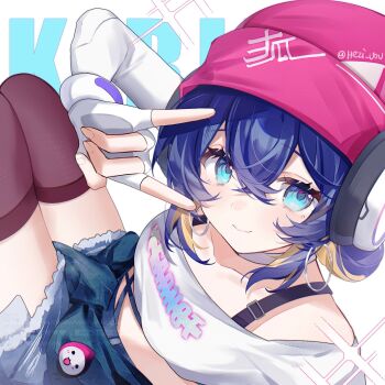 1girl \n/ aqua_eyes black_thighhighs blue_hair blue_shorts commentary earrings fingerless_gloves gloves hair_between_eyes hat headphones hezi_(measukivov) highres jewelry kiriko_(overwatch) looking_at_viewer multicolored_hair overwatch pink_hat shorts smile solo strapless thighhighs thighs tube_top two-tone_hair untranslatable_commentary white_tube_top zettai_ryouiki