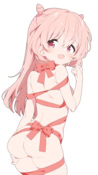 Rule 34 | 1girl, :d, absurdres, akazaki kokoro, ass, blush, commentary, commission, cone hair bun, cowboy shot, double bun, from behind, hair between eyes, hair bun, hand up, highres, idoly pride, long hair, looking at viewer, looking back, naked ribbon, open mouth, pink hair, red eyes, red ribbon, ribbon, simple background, skeb commission, smile, solo, urotsuki (ku9625), white background