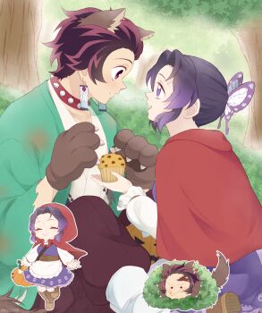 animal_costume animal_ears basket big_bad_wolf big_bad_wolf_(cosplay) blue_butterfly bug butterfly capelet cloak cosplay earrings hanafuda_earrings highres holding holding_basket hood hood_up hooded_capelet hooded_cloak insect jewelry kamado_tanjirou kimetsu_no_yaiba kishimen_hair kochou_shinobu little_red_riding_hood_(fairy_tale) little_red_riding_hood_(fairy_tale_character) little_red_riding_hood_(fairy_tale_character)_(cosplay) original picnic_basket pkhoahue red_capelet red_cloak red_hood scar scar_on_face scar_on_forehead updo wolf wolf_boy wolf_costume wolf_ears