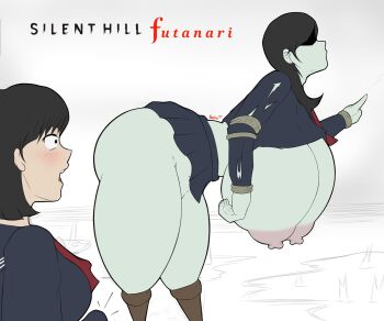 1futa 1girl alternate_breast_size_(larger) ass ayakakashi bent_over black_hair black_serafuku black_skirt blush breasts breasts_out bulge colored_skin erection erection_under_clothes futa_with_female futanari gigantic_breasts green_skin highres huge_ass imminent_penetration joints large_areolae long_hair looking_at_another midriff miniskirt monster_girl neckerchief nipples outdoors pleated_skirt pun red_neckerchief rope sailor_collar school_uniform serafuku shaded_face shimizu_hinako short_hair silent_hill_(series) silent_hill_f simple_background skirt surprised sweat title torn_clothes torn_skirt you_gonna_get_raped