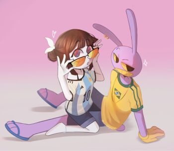 Rule 34 | 1boy, 1girl, adidas, adjusting eyewear, animal ears, argentinian flag, argentinian flag print, arm support, ayuyaayuu, blue sandals, blue shirt, bow, brazilian flag, brazilian flag print, brown hair, colored skin, colored teeth, flag print, from above, gloves, gold necklace, gradient background, grey background, grey shorts, hair bow, heart, highres, jewelry, kneeling, looking at viewer, looking over eyewear, looking to the side, looking up, necklace, pink background, purple skin, rabbit boy, rabbit ears, sandals, shirt, short hair, short sleeves, shorts, sidelocks, smirk, sparkle, sportswear, striped clothes, striped shirt, sunglasses, the amazing digital circus, tinted eyewear, vertical-striped clothes, vertical-striped shirt, white bow, white shirt, yellow-tinted eyewear, yellow eyes, yellow gloves, yellow shirt, yellow teeth