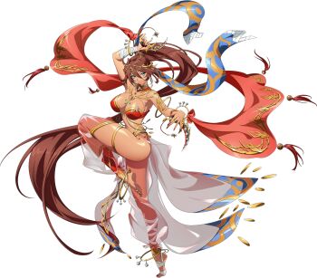 1girl ankle_bell anklet arabian_clothes armlet armpits ass ass_from_side bandaged_arm bandaged_foot bandaged_leg bandages bare_shoulders barefoot bell blue_eyes boomerang bra bracelet breasts brown_hair circlet cleavage closed_mouth collarbone dancer dancing dark-skinned_female dark_skin earrings floating_clothes full_body game_cg gold gold_anklet gold_armlet gold_bracelet gold_circlet hair_between_eyes hair_jewelry harem_outfit harem_pants high_ponytail highres holding holding_boomerang holding_weapon jewelry langrisser langrisser_millenium_ws langrisser_mobile large_breasts leg_up long_hair looking_at_viewer macaera_(langrisser) navel necklace official_art pants pointy_ears ponytail red_bra red_nails red_shawl revealing_clothes see-through_clothes see-through_pants see-through_skirt shawl simple_background skirt smile solo standing standing_on_one_leg stomach tachi-e tassel third-party_source transparent_background underwear very_long_hair weapon wrist_bell