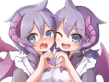 1boy 1girl bioshii blue_eyes blush bow breasts commentary_request crossdressing crossdressing_(mtf) demon_horns demon_wings doppel_luka_(mon-musu_quest!) eyes_visible_through_hair hair_between_eyes heart horns low_ponytail luka_(mon-musu_quest!) luka_(succubus_disguise)_(mon-musu_quest!) maid medium_breasts mon-musu_quest! mon-musu_quest:_paradox nose one_eye_closed open_mouth ponytail purple_bow purple_hair purple_horns purple_wings short_hair short_ponytail smile transparent_background wings