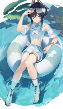 1boy absurdres aqua_eyes arm_cuffs black_hair bracelet braid crop_top eyewear_on_head flower genshin_impact glasses gradient_hair hair_flower hair_ornament highres innertube jewelry looking_at_viewer male_focus midriff multicolored_hair navel neckerchief on_innertube ring sailor_collar sandals short_hair short_shorts shorts side_braids smile solo swim_ring swimsuit thigh_strap toes trap venti_(genshin_impact) white_neckerchief white_sailor_collar wolfram_1