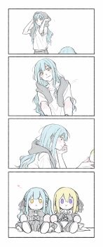 1girl bang_dream! bang_dream!_it's_mygo!!!!! blonde_hair blue_hair bow bowtie character_doll closed_mouth commentary doll doloris_(bang_dream!) drying drying_hair highres long_hair medium_hair misumi_uika oblivionis_(bang_dream!) purple_eyes ra_reityalice shirt smile togawa_sakiko towel towel_around_neck two_side_up yellow_eyes