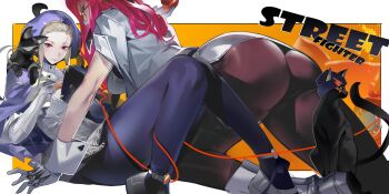 2girls ass black_necktie blonde_hair breasts bridal_gauntlets capcom cape capelet cat coat coat_on_shoulders copyright_name crimson_viper dress elbow_gloves female_focus glasses gloves hairpods highres ingrid_(capcom) jacket large_breasts lfpwrk0vlocrzl4 long_sleeves mary_janes multiple_girls necktie necktie_aside open_clothes open_jacket pantyhose purple_capelet purple_pantyhose red_eyes red_hair shoes sidelocks skirt street_fighter street_fighter_6 white_dress white_gloves white_jacket white_shoes white_skirt