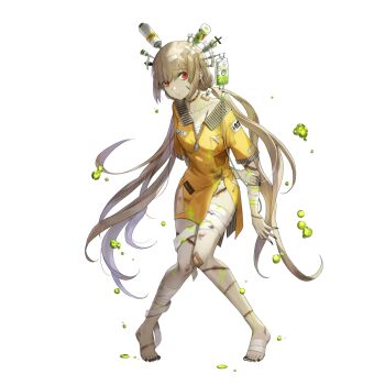 1girl arm_wrap artist_request bandage_on_hair bandages bandaid bandaid_on_knee bandaid_on_leg barefoot black_nails breast_pocket chest_wrap collarbone dirt dirty dirty_clothes final_gear full_body green_liquid hand_on_own_arm highres intravenous_drip knees_together_feet_apart leg_wrap light_brown_hair long_hair looking_to_the_side loose_hair_strand low-tied_long_hair numbered object_through_head official_art patchwork_clothes pelvic_curtain pocket prison_clothes red_eyes shmily_(final_gear) short_sleeves sidelocks simple_background single_tear smile solo standing stitched_arm stitched_chest stitched_eye stitched_foot stitched_hand stitched_leg stitched_neck stitches striped_collar syringe syringe_in_head tachi-e third-party_source toenails transparent_background twintails very_long_hair yellow_sleeves yellow_uniform zipper zombie