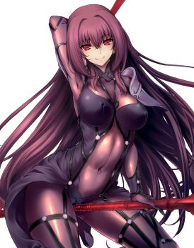 1girl arched_back arm_up armpits between_thighs bodysuit breasts cameltoe contrapposto covered_erect_nipples covered_navel cowboy_shot fate/grand_order fate_(series) female_focus highres impossible_bodysuit impossible_clothes large_breasts long_hair pauldrons purple_hair red_eyes scathach_(fate) shoulder_armor simple_background single_pauldron smile solo standing uguisu_kagura very_long_hair white_background