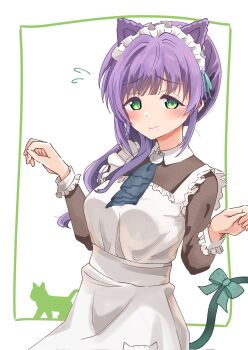 1girl alternate_costume animal_ears apron border bow breasts cat_ears cat_tail closed_mouth commentary_request corocoro567 cowboy_shot flying_sweatdrops frilled_apron frills green_border highres inset_border link!_like!_love_live! long_hair looking_at_viewer love_live! maid maid_apron maid_headdress medium_breasts nyan_nyan_nyan_fair_in_gamers otomune_kozue purple_hair raised_inner_eyebrows side_ponytail simple_background smile solo split_mouth tail tail_bow tail_ornament virtual_youtuber white_apron white_background