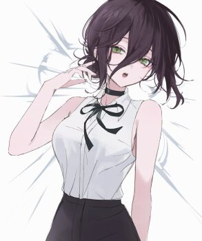 1girl :o absurdres bare_arms bare_shoulders black_choker black_hair black_ribbon black_skirt breasts chainsaw_man choker collared_shirt commentary_request green_eyes grenade_pin hair_between_eyes hair_bun hand_up highres komugiko_(0kmgk) looking_at_viewer medium_breasts neck_ribbon open_mouth pull_cord pulling reze_(chainsaw_man) ribbon shirt shirt_tucked_in short_hair sidelocks single_hair_bun skirt sleeveless sleeveless_shirt solo teeth tsurime upper_body upper_teeth_only white_background white_shirt