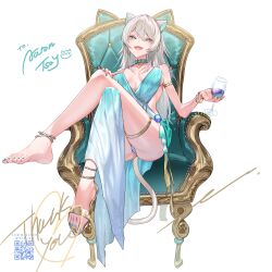 Rule 34 | 1girl, aarontsay, animal ear fluff, animal ears, ass, breasts, cat girl, chair, crossed legs, cup, drinking glass, easy chair, enshou (namarien), gold footwear, high heels, highres, holding, holding cup, indie virtual youtuber, large breasts, looking at viewer, second-party source, shoes, single barefoot, single shoe, sitting, solo, virtual youtuber, white hair, wine glass