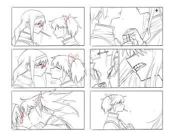 2girls akemi_homura avanes_d blush bow bowtie braid closed_eyes commentary ear_blush earrings food french_kiss greyscale hair_ribbon hairband jewelry kaname_madoka kiss long_hair mahou_shoujo_madoka_magica mahou_shoujo_madoka_magica_(anime) mitakihara_school_uniform monochrome multiple_girls pocky pocky_day pocky_kiss red-framed_eyewear red_ribbon ribbon school_uniform shared_food short_twintails sketch spot_color sweat twin_braids twintails yuri