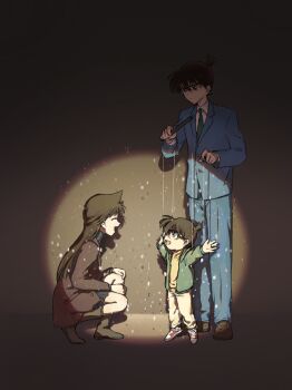 1boy 1girl ^_^ absurdres black_hair blue_suit boots brown_hair chinese_commentary closed_eyes coat commentary_request crayooon edogawa_conan formal_clothes full_body glasses green_necktie highres kudou_shin&#039;ichi meitantei_conan mouri_ran necktie outstretched_arms school_uniform spotlight squatting string suit teitan_high_school_uniform turtleneck winter_uniform