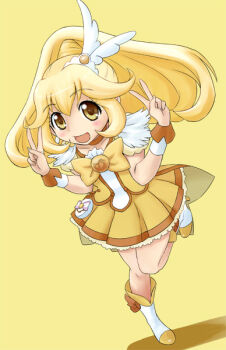 1girl :d blonde_hair blush boots bow choker commentary_request cure_peace double_v dress full_body gachon_jirou hair_between_eyes hair_flaps hair_ornament long_hair looking_at_viewer magical_girl open_mouth orange_choker ponytail precure short_dress sidelocks simple_background skirt smile smile_precure! solo standing standing_on_one_leg tareme v w_arms wide_ponytail wrist_cuffs yellow_background yellow_bow yellow_eyes yellow_skirt yellow_theme