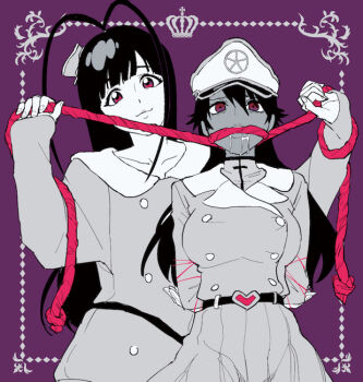 1boy 1girl antenna_hair arms_behind_back bambietta_basterbine bdsm bleach bleach:_sennen_kessen-hen bondage bound breasts commentary_request dark-skinned_female dark_skin drooling gag giselle_gewelle greyscale_with_colored_background hat large_breasts military_hat military_uniform nigatsumikka official_alternate_skin_color pleated_skirt purple_eyes rope_gag saliva skirt sleeves_past_wrists smile spot_color trap tying wandenreich_uniform zombie_(bleach)