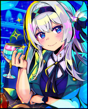 Rule 34 | 1girl, absurdres, black hairband, black ribbon, blue eyes, blush, cup, cupping glass, firefly (honkai: star rail), firefly (jepella rebellion) (honkai: star rail), green jacket, green nails, grey hair, hairband, hand up, highres, holding, holding cup, honkai: star rail, honkai (series), jacket, long hair, looking at viewer, nail polish, neck ribbon, official alternate costume, ribbon, septhy, smile, solo, upper body