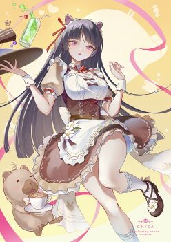 1girl absurdres alternate_costume apron black_hair breasts brown_dress cake cake_slice character_name chigusa7h chisa_(wuthering_waves) commentary_request copyright_name cup dress drinking_glass enmaided fingernails food hair_ribbon hands_up highres large_breasts long_hair maid namipon_(wuthering_waves) official_alternate_costume puffy_short_sleeves puffy_sleeves red_ribbon ribbon short_sleeves solo tray very_long_hair wuthering_waves