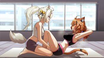 2girls absurdres animal_ears arms_behind_head bell black_shirt clenched_teeth closed_eyes exercising filian_(vtuber) fox_ears fox_girl fox_tail franek89 gym_shirt gym_shorts hair_bell hair_ornament highres holding_another's_legs indie_virtual_youtuber multiple_girls orange_hair shirt shorts shyrei_faolan tail teeth virtual_youtuber white_hair white_shirt