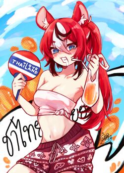 Rule 34 | 1girl, animal ear fluff, animal ears, animal print, bag, black hair, black streaks, blue eyes, blush, breasts, cheese print, cleavage, cloud, collarbone, commentary, crop top, day, double-parted bangs, drink bag, drinking straw, drooling, food print, full-face blush, groin, hair between eyes, hakos baelz, hand fan, highres, holding, holding bag, hololive, hololive english, long hair, looking at viewer, medium breasts, midriff, mouse ears, mouth drool, multicolored hair, navel, outdoors, pants, ponytail, red hair, red shorts, sharp teeth, shirt, shorts, signature, sky, standing, taotan, teeth, thai clothes, thai text, thailand, tied shirt, v-shaped eyebrows, virtual youtuber, white hair