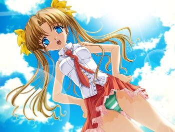 Rule 34 | 00s, 1girl, blonde hair, blue eyes, cloud, day, female focus, from below, lamune, looking down, looking up, nakazato hikari, necktie, panties, pantyshot, sky, solo, striped clothes, striped panties, sun, twintails, underwear, wind, wind lift
