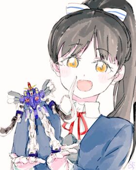 1girl :d aisamu_4444293 black_hair blue_bow blue_jacket bow character_request collared_shirt commentary_request company_connection dress_shirt gundam gunpla hair_bow hazuki_ren high_ponytail holding jacket long_hair love_live! love_live!_superstar!! model_kit neck_ribbon open_clothes open_jacket open_mouth ponytail red_ribbon ribbon school_uniform shirt simple_background smile solo sunrise_(company) upper_body white_background white_shirt winter_uniform yellow_eyes yuigaoka_school_uniform