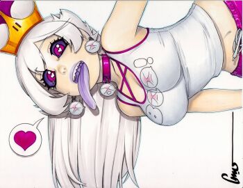 Rule 34 | 1girl, artist name, bare shoulders, breasts, cleavage, collar, colored sclera, colored tongue, crown, earrings, genderswap, genderswap (mtf), ghost earrings, hair between eyes, hat, heart, heart-shaped pupils, jewelry, large breasts, long hair, looking at viewer, luigi's mansion, mario (series), midriff, navel, nintendo, omar dogan, open mouth, pink shirt, pink shorts, princess king boo, print shirt, purple eyes, purple sclera, purple tongue, sharp teeth, shirt, shorts, sidelocks, sideways, signature, speech bubble, super crown, symbol-shaped pupils, tank top, teeth, tongue, tongue out, traditional media, two-tone shirt, very long hair, white hair, white shirt