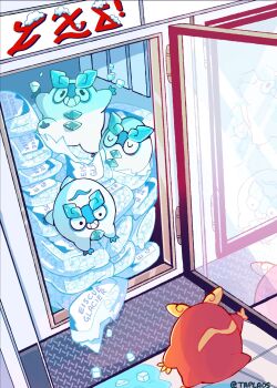 Rule 34 | black eyes, colored skin, commentary, darumaka, freezer, galarian darumaka, galarian form, gen 5 pokemon, gen 8 pokemon, glass, highres, ice, ice cube, melting, nintendo, no humans, open mouth, pokemon, pokemon (creature), puddle, red skin, regional and normal, sleeping, smile, symbol-only commentary, taplaos, teeth, water, window