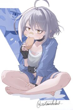 1girl ahoge bandaged_fingers bandages bandaid bandaid_on_cheek bandaid_on_face bandaid_on_nose black_gloves blue_jumpsuit blue_shorts blush bread choker collarbone crop_top earrings eating feet fingerless_gloves food food_on_face gloves goddess_of_victory:_nikke grey_hair grey_shirt hair_intakes highres holding holding_food indian_style jewelry jumpsuit looking_at_viewer mori_(nikke) multicolored_hair open_jumpsuit pouch sata_(satawahaha) shirt short_hair short_jumpsuit shorts sitting solo streaked_hair thigh_strap twitter_username v-shaped_eyebrows white_background white_hair yellow_eyes zoom_layer