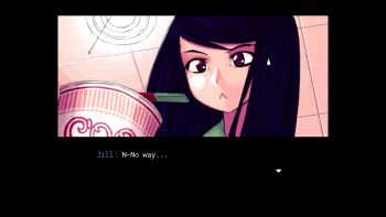 1girl :< animated animated_gif black_border black_hair border character_name collar dithering english_text food game_asset instant_cup_noodles instant_noodles jill_stingray lamp lightning long_hair looking_at_food official_art pc-98_(style) portrait red_eyes ringed_eyes solo sweatdrop va-11_hall-a video_game_dialogue_box visual_novel visual_novel_cg