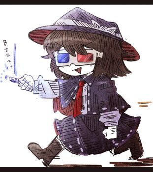 1girl 3d_glasses :d black_capelet black_hat black_skirt blush boots bow brown_boots brown_hair capelet hair_between_eyes hat hat_bow long_sleeves necktie open_mouth pointing shirt short_hair simple_background skirt sleeve_cuffs smile solo suenari_(peace) touhou usami_renko walking white_background white_shirt