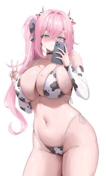1girl absurdres animal_ears animal_print bikini black_bow black_bowtie black_choker blue_eyes blush bow bowtie breasts cellphone choker commentary_request cow_ears cow_horns cow_print cow_print_bikini detached_sleeves fake_animal_ears fake_horns highleg highleg_bikini highres horns long_hair mirror_selfie mole mole_on_breast navel original phone pink_hair print_bikini selfie side-tie_bikini_bottom side_ponytail simple_background sisong smartphone solo stomach swimsuit taking_picture v white_background