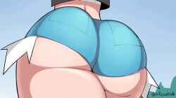 1girl allbeatnik animated ass ass_focus back black_vest blue_shorts blue_sky close-up denim denim_shorts feet_out_of_frame female_focus foreshortening from_behind from_below hilda_(pokemon) jiggle looping_animation lower_body midriff narrow_waist nintendo outdoors pokemon pokemon_bw shirt shorts sky thick_thighs thighs vest video walking white_shirt