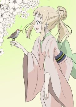 1girl animal bird blonde_hair cherry_blossoms feet_out_of_frame female_focus green_eyes inose_mai japanese_clothes kimono koisuru_asteroid long_sleeves musical_note open_mouth ponytail qb_(qb46311027) solo spring_(season) standing