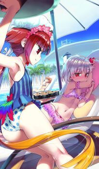3girls arm_above_head arm_garter armpits ass beni-enma beni-enma_(summer_enma-tei) bikini bikini_skirt blue_one-piece_swimsuit blue_sky blunt_bangs blurry blurry_background blush bow breasts chinstrap closed_mouth commentary day depth_of_field dutch_angle earrings fate/grand_order fate_(series) flower flower_hairband food frilled_bikini frills fujimaru_ritsuka_(female) gradient_hair groin hair_ribbon holding holding_tray horns jewelry kama_(fate) kama_(first_ascension)_(fate) kama_(summer_enma-tei)_(fate) kama_(young)_(fate) koume_keito light_frown long_hair looking_at_another low_ponytail lying makizushi multicolored_hair multiple_girls navel official_art on_side one-piece_swimsuit one_side_up orange_hair outdoors palm_tree pink_bikini pink_flower polka_dot_one-piece_swimsuit ponytail pool poolside red_bow red_eyes red_hair red_ribbon ribbon short_hair sidelocks single_horn sky small_breasts smile sparkle strap_slip striped_clothes striped_one-piece_swimsuit sushi swim_cap swimsuit third-party_source tray tree vertical-striped_clothes vertical-striped_one-piece_swimsuit very_long_hair water white_hair