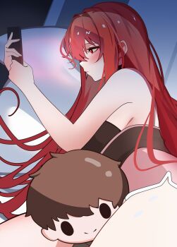 1girl absurdres black_nightgown blush character_doll commander_(nikke) doll goddess_of_victory:_nikke highres holding holding_phone i&#039;m_this_clingy_(meme) long_hair looking_at_phone meme nightgown official_alternate_costume phone pink_shorts profile rapi_(nikke) rapi_(red_hood)_(cherished_red)_(nikke) rapi_(red_hood)_(nikke) red_eyes red_hair shorts solo thighs velmillix very_long_hair