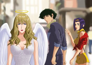 1boy 2girls angel blonde_hair blue_eyes breasts brown_eyes cleavage cowboy_bebop curls distracted_boyfriend_(meme) faye_valentine green_hair halo highres julia_(cowboy_bebop) meme multiple_girls nekro-comix spike_spiegel wings